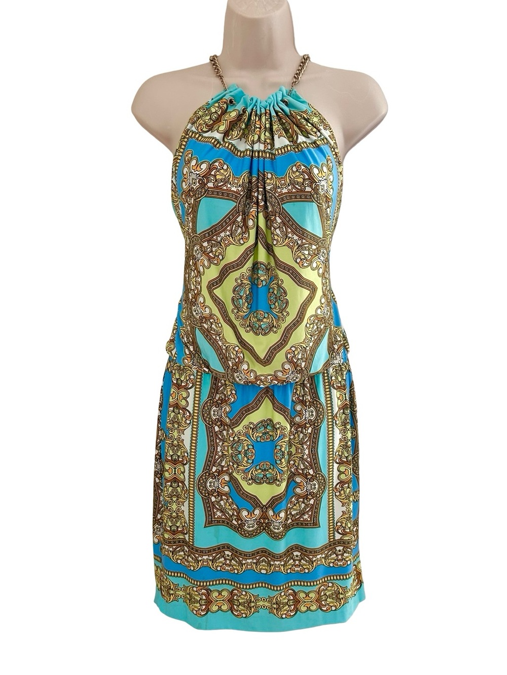 Caché Paisley Chain Print Halter Dress Baroque Scarf Print Resort Size Small